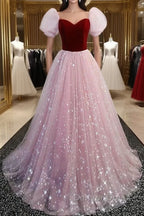 A-Line Prom Dresses Princess Dresses Prom Floor Length Short Sleeve Sweetheart Tulle With Sequin
