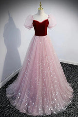 A-Line Prom Dresses Princess Dress Prom Floor Length Short Sleeve Sweetheart Tulle With Sequin