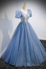 A-Line Prom Dresses Puffy Dress Quinceanera Floor Length Short Sleeve V Neck Tulle With Sequin