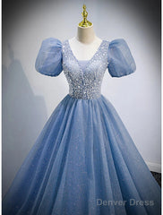 A-Line Prom Dresses Puffy Dress Quinceanera Floor Length Short Sleeve V Neck Tulle With Sequin
