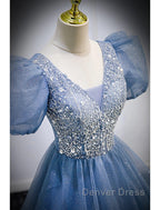 A-Line Prom Dresses Puffy Dresses Quinceanera Floor Length Short Sleeve V Neck Tulle With Sequin
