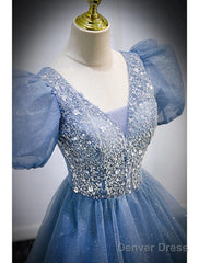 A-Line Prom Dresses Puffy Dress Quinceanera Floor Length Short Sleeve V Neck Tulle With Sequin