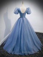 A-Line Prom Dresses Puffy Dresses Quinceanera Floor Length Short Sleeve V Neck Tulle With Sequin