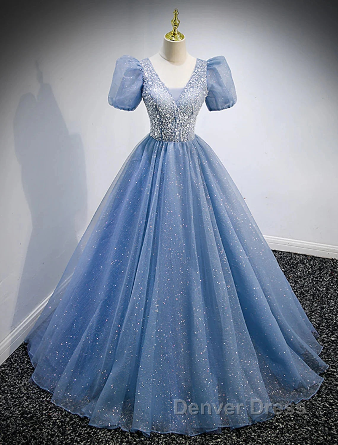 A-Line Prom Dresses Puffy Dresses Quinceanera Floor Length Short Sleeve V Neck Tulle With Sequin