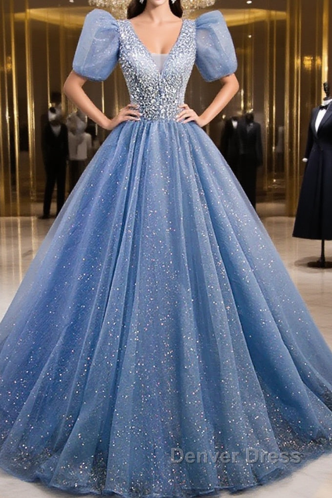 A-Line Prom Dresses Puffy Dresses Quinceanera Floor Length Short Sleeve V Neck Tulle With Sequin Main image