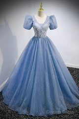 A-Line Prom Dresses Puffy Dress Quinceanera Floor Length Short Sleeve V Neck Tulle With Sequin