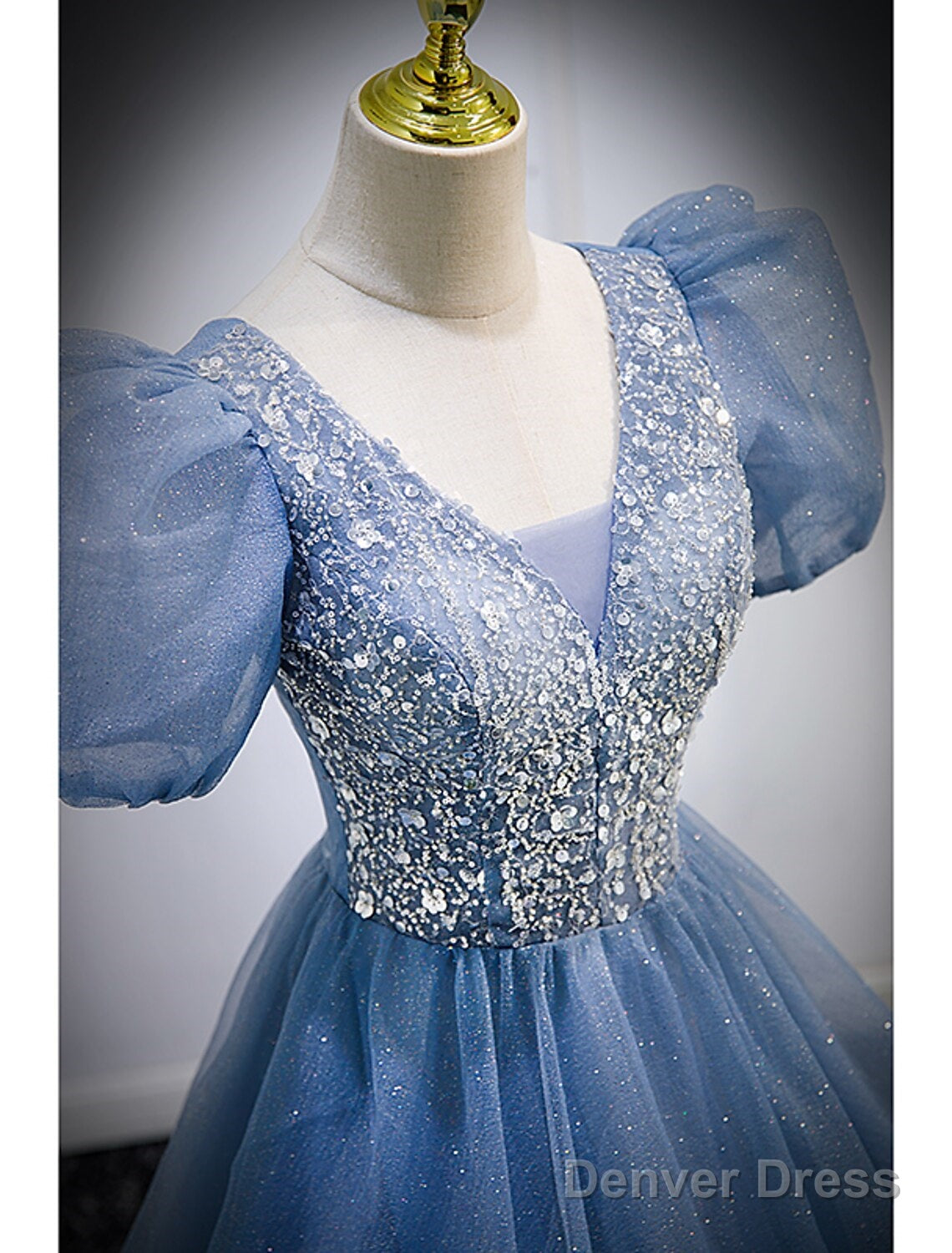 A Line Prom Dress Puffy Dresses Wedding Guest Quinceanera Floor Length Short Sleeve V Neck Tulle With Sequin