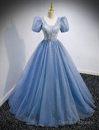 A-Line Prom Dresses Puffy Dress Wedding Guest Quinceanera Floor Length Short Sleeve V Neck Tulle With Sequin