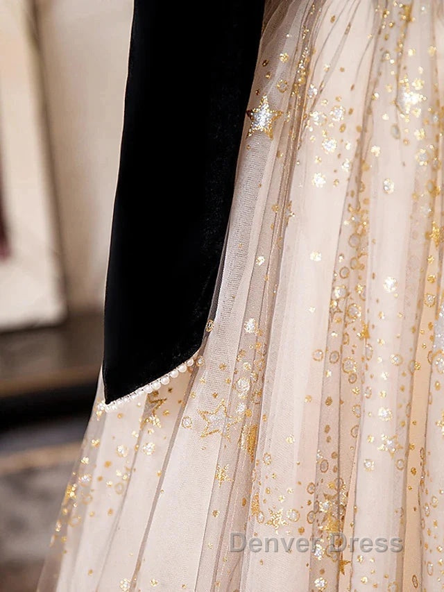 A-Line Prom Dresses Sparkle & Shine Dresses Engagement Floor Length Long Sleeve Sweetheart Tulle With Sequin