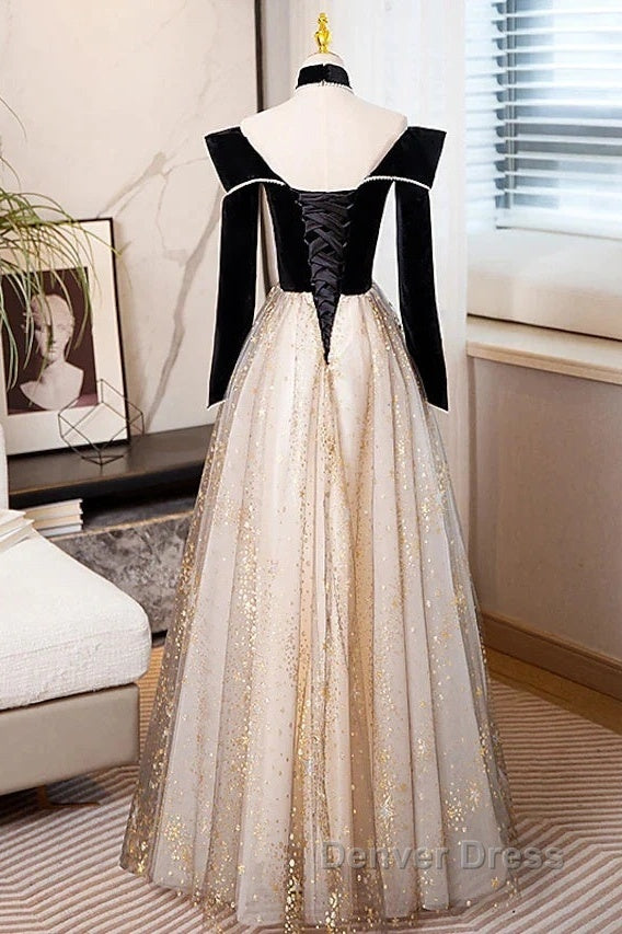A-Line Prom Dresses Sparkle & Shine Dresses Engagement Floor Length Long Sleeve Sweetheart Tulle With Sequin
