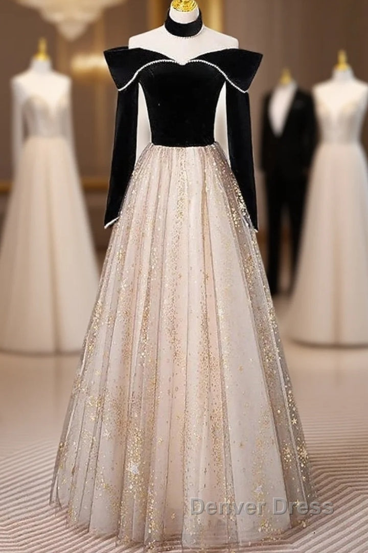 A-Line Prom Dresses Sparkle & Shine Dresses Engagement Floor Length Long Sleeve Sweetheart Tulle With Sequin Main image