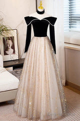 A-Line Prom Dresses Sparkle & Shine Dress Engagement Floor Length Long Sleeve Sweetheart Tulle With Sequin