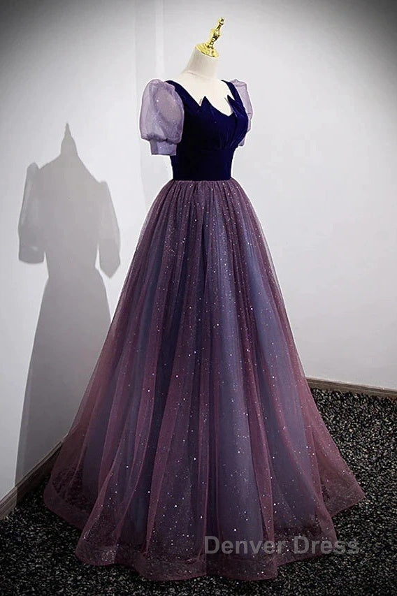 A-Line Prom Dresses Sparkle & Shine Dresses Prom Floor Length Short Sleeve Scoop Neck Tulle With Sequin Secondary image