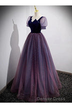 A-Line Prom Dresses Sparkle & Shine Dresses Prom Floor Length Short Sleeve Scoop Neck Tulle With Sequin