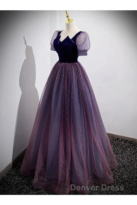 A-Line Prom Dresses Sparkle & Shine Dresses Prom Floor Length Short Sleeve Scoop Neck Tulle With Sequin