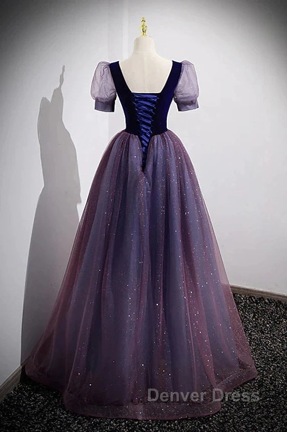 A Line Prom Dress Sparkle & Shine Dresses Prom Floor Length Short Sleeve Scoop Neck Tulle With Sequin