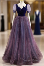 A Line Prom Dress Sparkle & Shine Dresses Prom Floor Length Short Sleeve Scoop Neck Tulle With Sequin