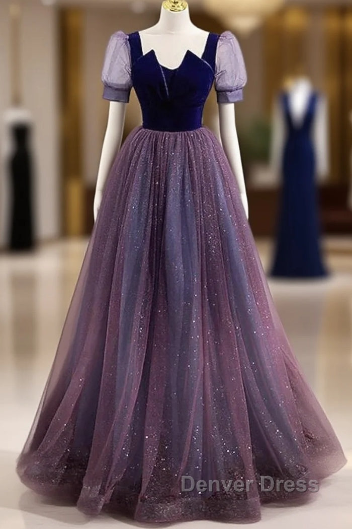 A Line Prom Dress Sparkle & Shine Dresses Prom Floor Length Short Sleeve Scoop Neck Tulle With Sequin