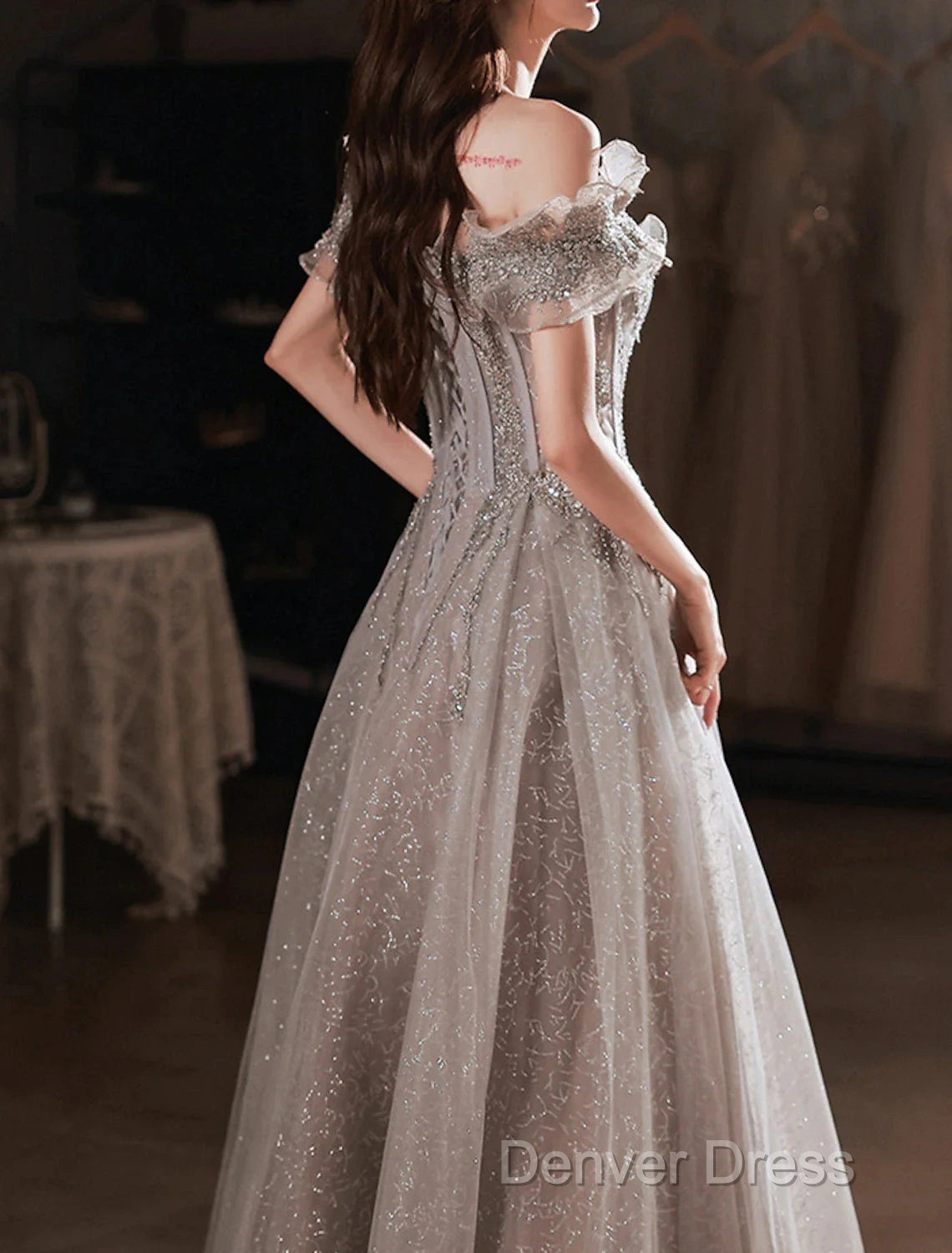 A-Line Prom Dresses Sparkle & Shine Dresses Wedding Guest Prom Floor Length Short Sleeve Off Shoulder Polyester With Sequin Ruffles Secondary image