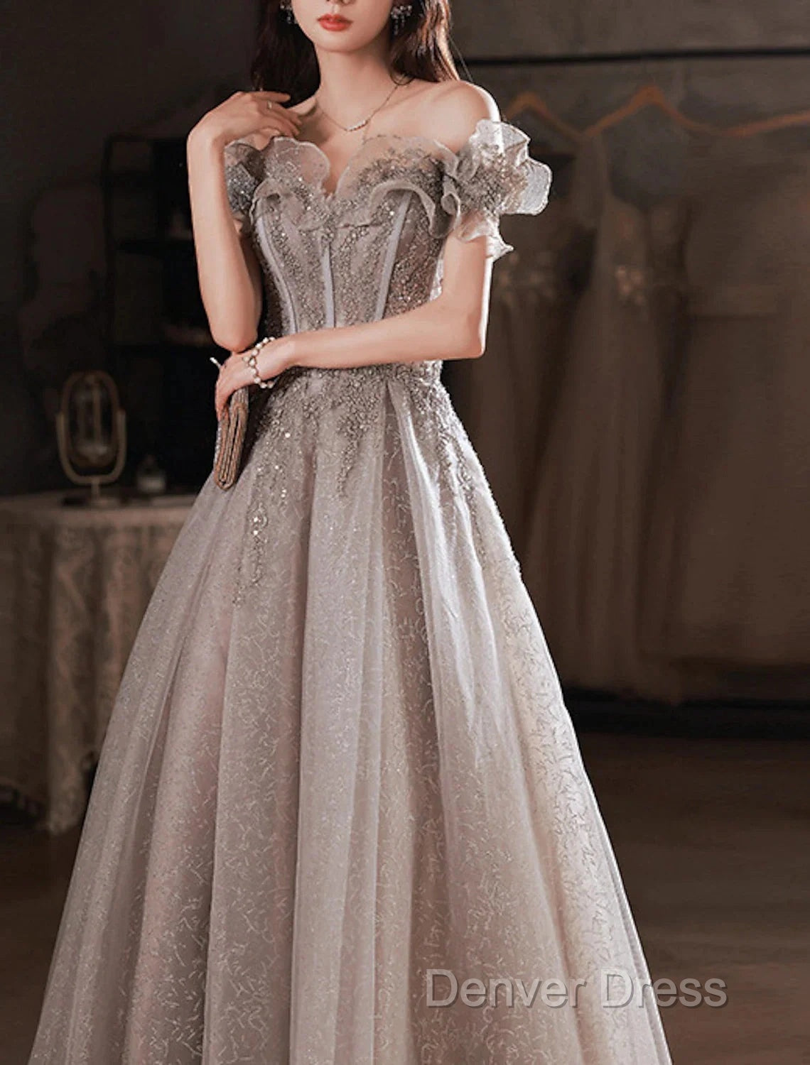 A-Line Prom Dresses Sparkle & Shine Dresses Wedding Guest Prom Floor Length Short Sleeve Off Shoulder Polyester With Sequin Ruffles