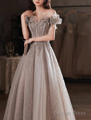 A-Line Prom Dresses Sparkle & Shine Dress Wedding Guest Prom Floor Length Short Sleeve Off Shoulder Polyester With Sequin Ruffles