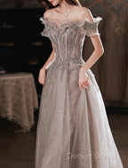 A-Line Prom Dresses Sparkle & Shine Dresses Wedding Guest Prom Floor Length Short Sleeve Off Shoulder Polyester With Sequin Ruffles