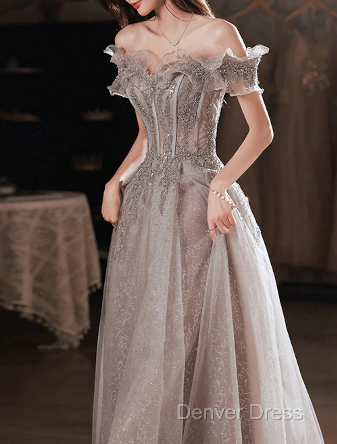 A-Line Prom Dresses Sparkle & Shine Dresses Wedding Guest Prom Floor Length Short Sleeve Off Shoulder Polyester With Sequin Ruffles