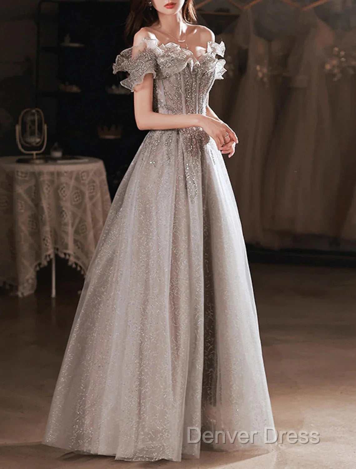 A-Line Prom Dresses Sparkle & Shine Dresses Wedding Guest Prom Floor Length Short Sleeve Off Shoulder Polyester With Sequin Ruffles