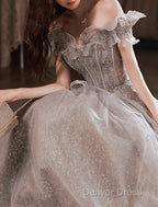 A-Line Prom Dresses Sparkle & Shine Dresses Wedding Guest Prom Floor Length Short Sleeve Off Shoulder Polyester With Sequin Ruffles