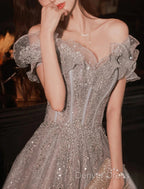 A-Line Prom Dresses Sparkle & Shine Dresses Wedding Guest Prom Floor Length Short Sleeve Off Shoulder Polyester With Sequin Ruffles