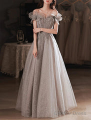 A-Line Prom Dresses Sparkle & Shine Dress Wedding Guest Prom Floor Length Short Sleeve Off Shoulder Polyester With Sequin Ruffles