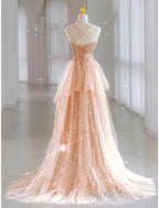 A Line Prom Dress Sparkle & Shine Dresses Wedding Guest Sweet 16 Floor Length Sleeveless Sweetheart Tulle With Sequin