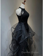 A Line Prom Dress Sparkle & Shine Dresses Wedding Prom Sweep Brush Train Sleeveless Sequined with Crystals Sequin Ruffles