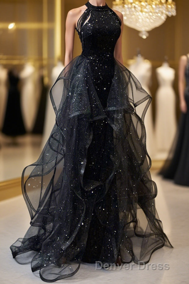 A-Line Prom Dresses Sparkle & Shine Dresses Wedding Party Sweep / Brush Train Sleeveless Sequined with Crystals Sequin Ruffles Main image