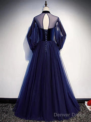 A-Line Prom Dresses Vintage Dress Party Wear Floor Length Long Sleeve Stand Collar Tulle With Bow(S) Strappy