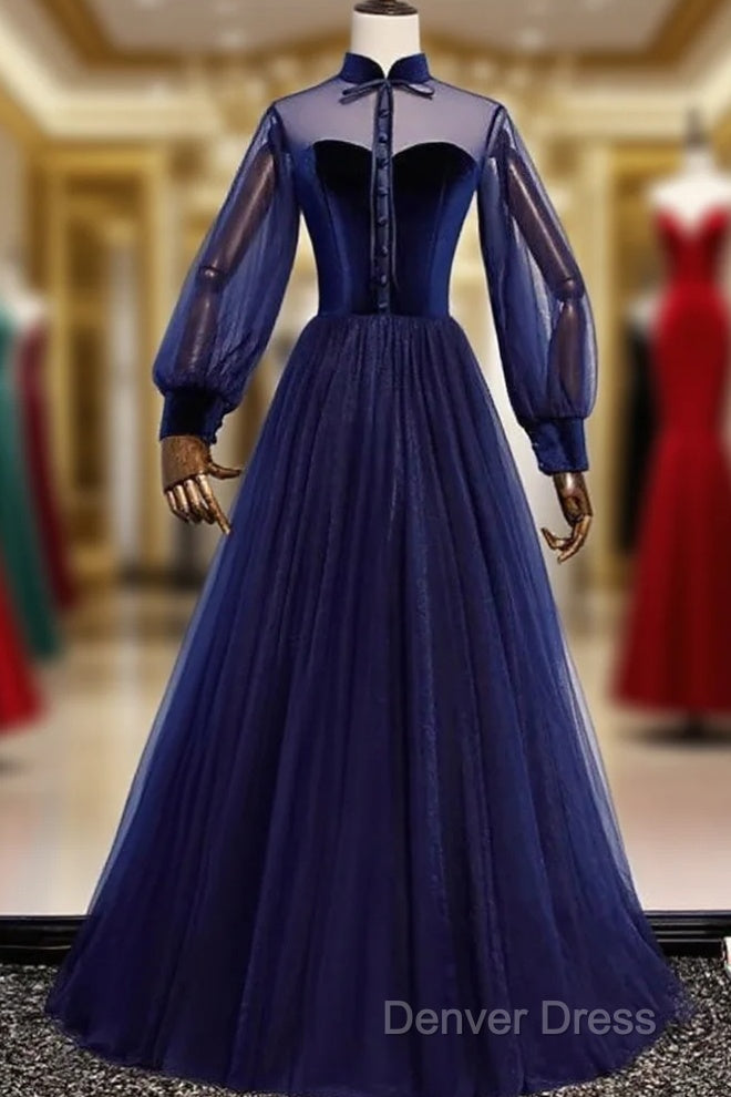 A Line Prom Dress Vintage Dresses Prom Wear Floor Length Long Sleeve Stand Collar Tulle With Bow(S) Strappy Main image