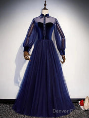 A-Line Prom Dresses Vintage Dress Party Wear Floor Length Long Sleeve Stand Collar Tulle With Bow(S) Strappy
