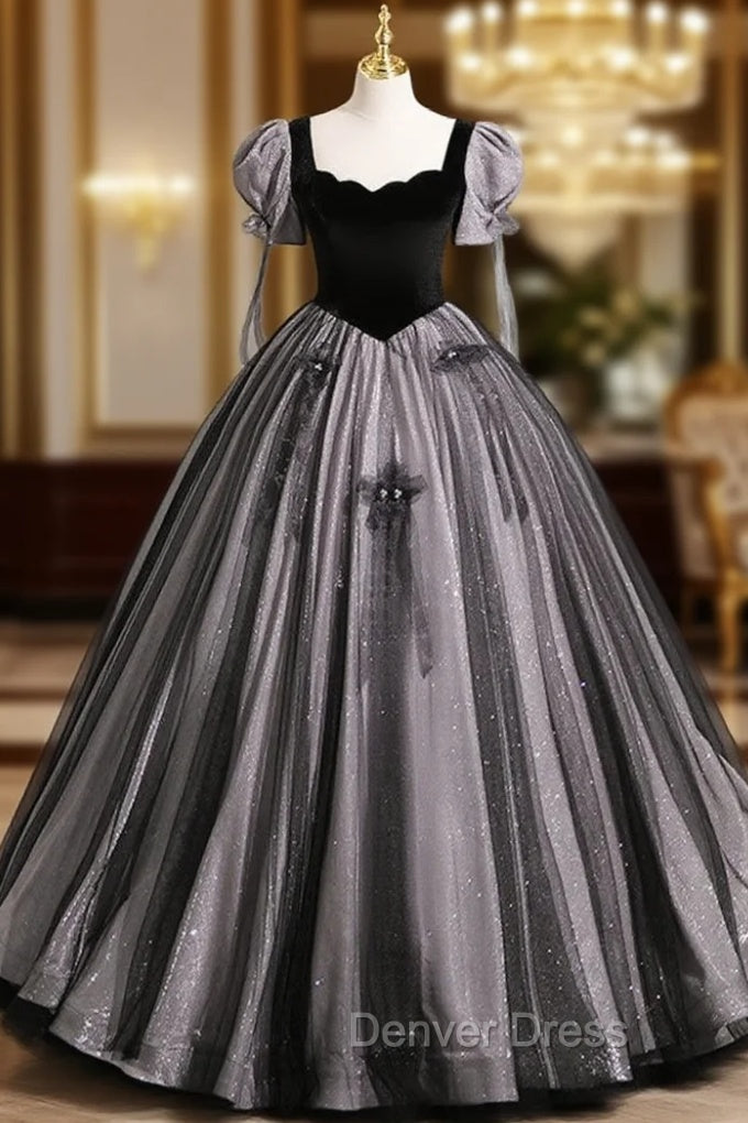 A-Line Puff Sleeves Black Long Prom Dresses, Black Sweet 16 Dresses Main image