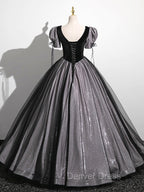 A-Line Puff Sleeves Black Long Prom Dresses, Black Sweet 16 Dresses