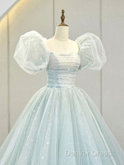 A-Line Puff Sleeves Blue Long Prom Dresses, Tulle Formal Evening Dresses