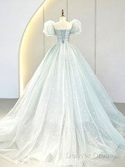 A-Line Puff Sleeves Blue Long Prom Dresses, Tulle Formal Evening Dresses