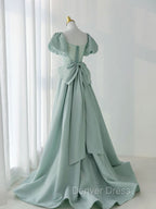 A-Line Puff Sleeves Green Long Prom Dresses, Green Formal Dresses