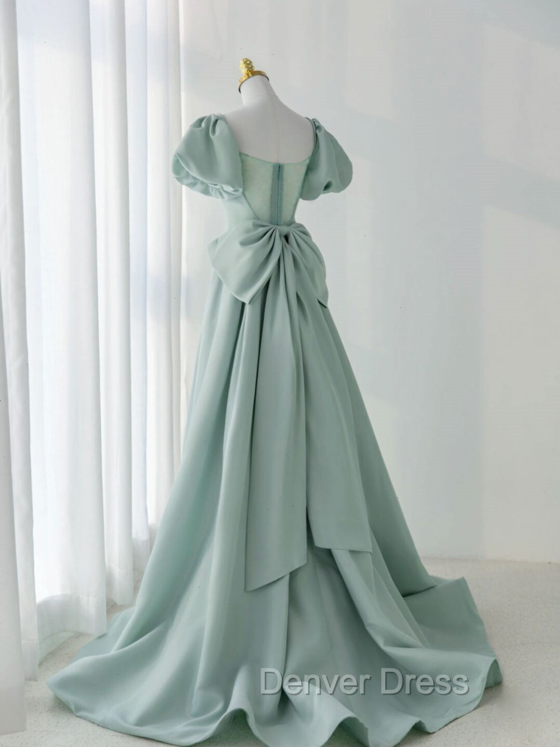A-Line Puff Sleeves Green Long Prom Dresses, Green Formal Dresses