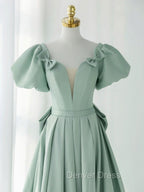 A-Line Puff Sleeves Green Long Prom Dresses, Green Formal Dresses