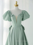 A Line Puff Sleeves Green Long Prom Dress, Green Prom Dresses