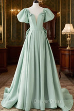 A-Line Puff Sleeves Green Long Prom Dresses, Green Formal Dresses