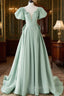 A-Line Puff Sleeves Green Long Prom Dresses, Green Formal Dresses