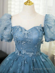 A-Line Puff Sleeves Lace Gray Blue Long Prom Dress, Gray Blue Formal Dress