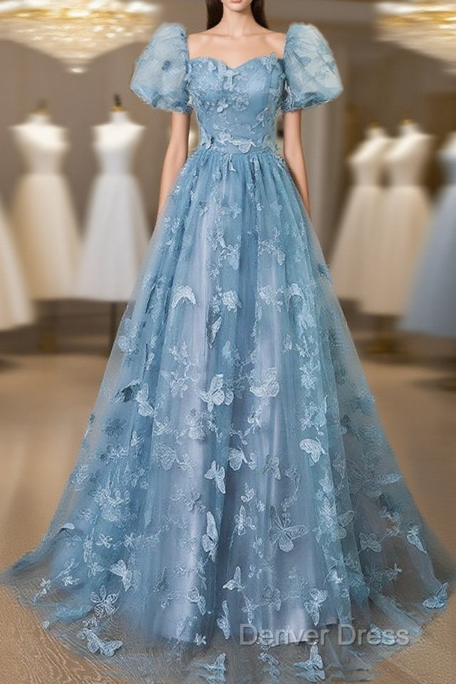 A-Line Puff Sleeves Lace Gray Blue Long Prom Dresses, Gray Blue Formal Dresses Main image