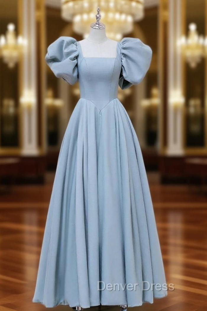 A-Line Puff sleeves Long Blue Prom Dresses, Square Neckline Blue Long Formal Dresses Main image